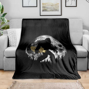 Bigfoot with Morel Mushroom Throw Blanket Sasquatch Fungi Full Moon Silhouette Graphic