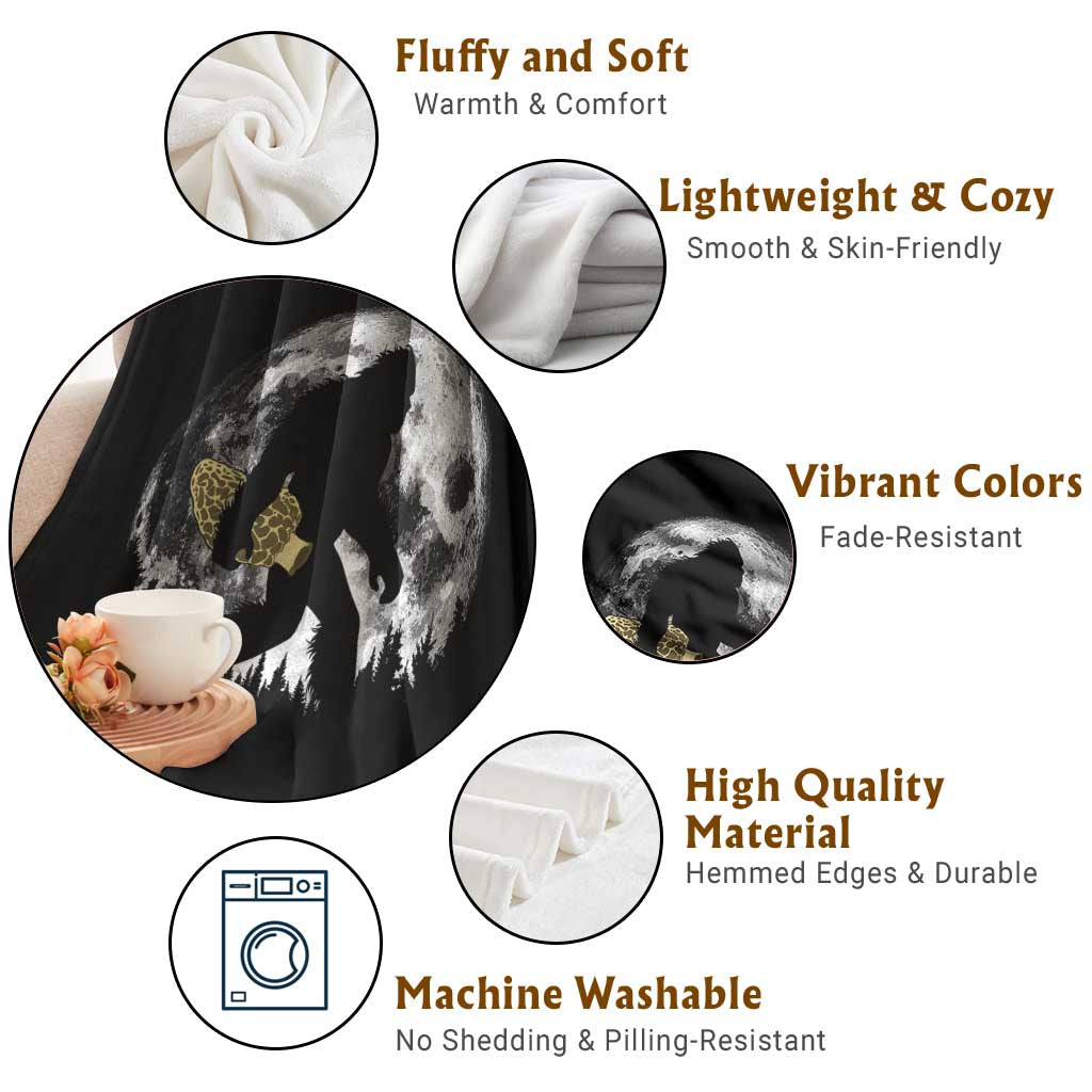 Bigfoot with Morel Mushroom Throw Blanket Sasquatch Fungi Full Moon Silhouette Graphic