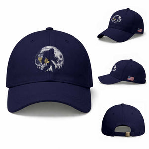 Bigfoot with Morel Mushroom Baseball Cap Sasquatch Fungi Full Moon Silhouette Graphic