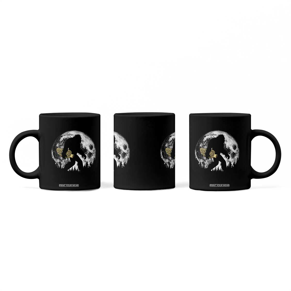 Bigfoot with Morel Mushroom Coffee Mug Sasquatch Fungi Full Moon Silhouette Graphic