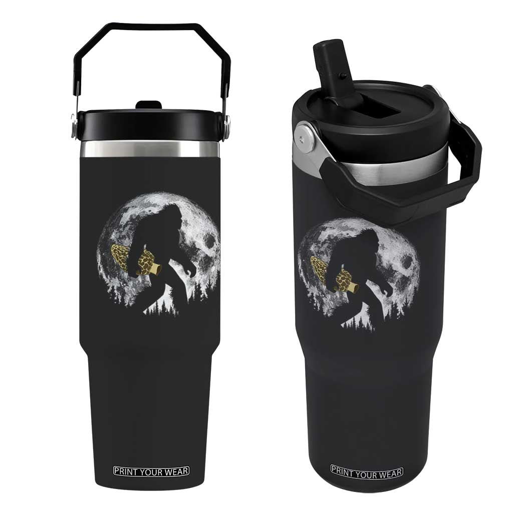 Bigfoot with Morel Mushroom Flip Straw Tumbler Sasquatch Fungi Full Moon Silhouette Graphic
