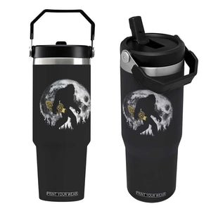 Bigfoot with Morel Mushroom Flip Straw Tumbler Sasquatch Fungi Full Moon Silhouette Graphic
