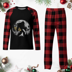 Bigfoot with Morel Mushroom Plaid Pajama Set Sasquatch Fungi Full Moon Silhouette Graphic