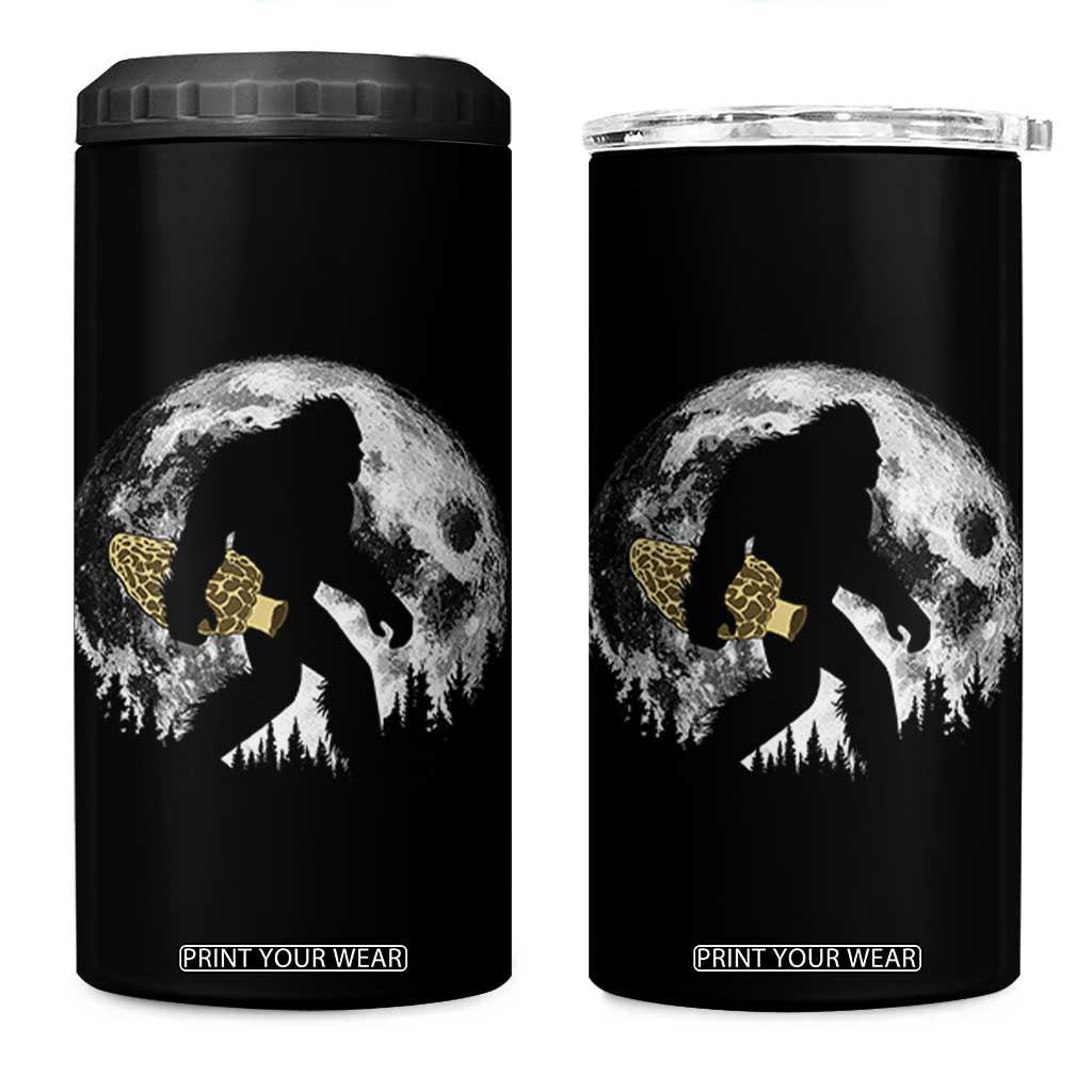 Bigfoot with Morel Mushroom 4 in 1 Can Cooler Tumbler Sasquatch Fungi Full Moon Silhouette Graphic