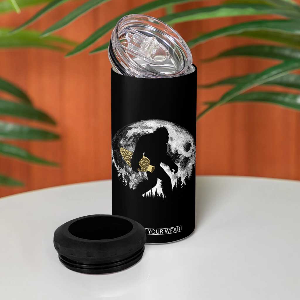 Bigfoot with Morel Mushroom 4 in 1 Can Cooler Tumbler Sasquatch Fungi Full Moon Silhouette Graphic