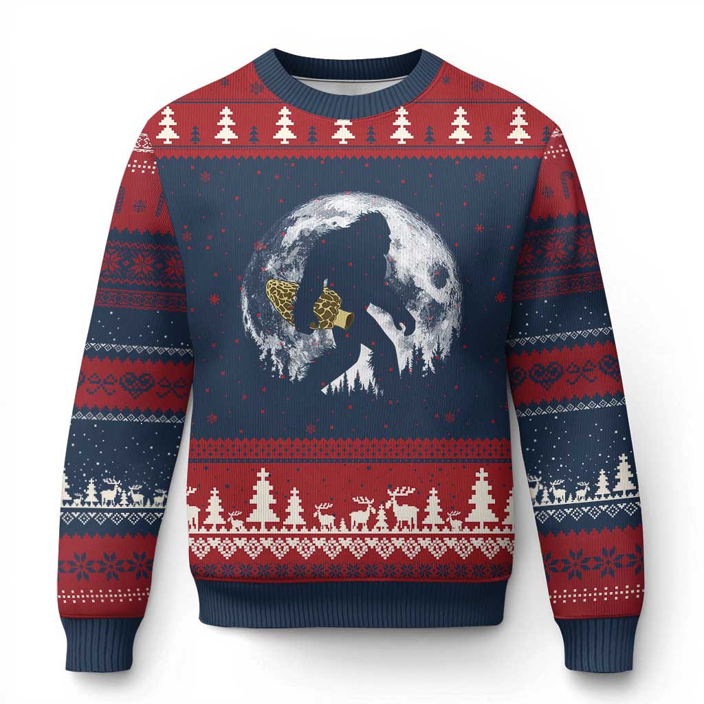 Bigfoot with Morel Mushroom Ugly Christmas Sweater Sasquatch Fungi Full Moon Silhouette Graphic TS10 Navy Red Print Your Wear