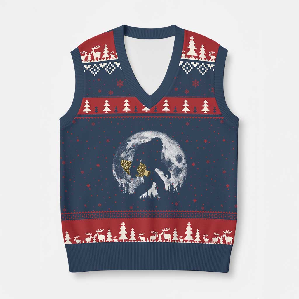 Bigfoot with Morel Mushroom V-Neck Knit Sweater Vest Sasquatch Fungi Full Moon Silhouette Graphic TS10 Navy Red Print Your Wear