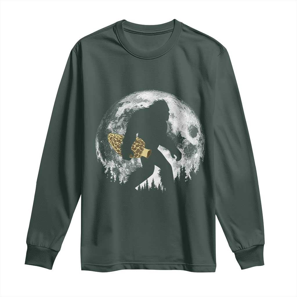 Bigfoot with Morel Mushroom Long Sleeve Shirt Sasquatch Fungi Full Moon Silhouette Graphic