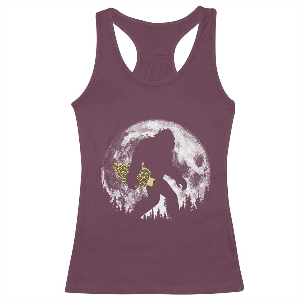 Bigfoot with Morel Mushroom Racerback Tank Top Sasquatch Fungi Full Moon Silhouette Graphic