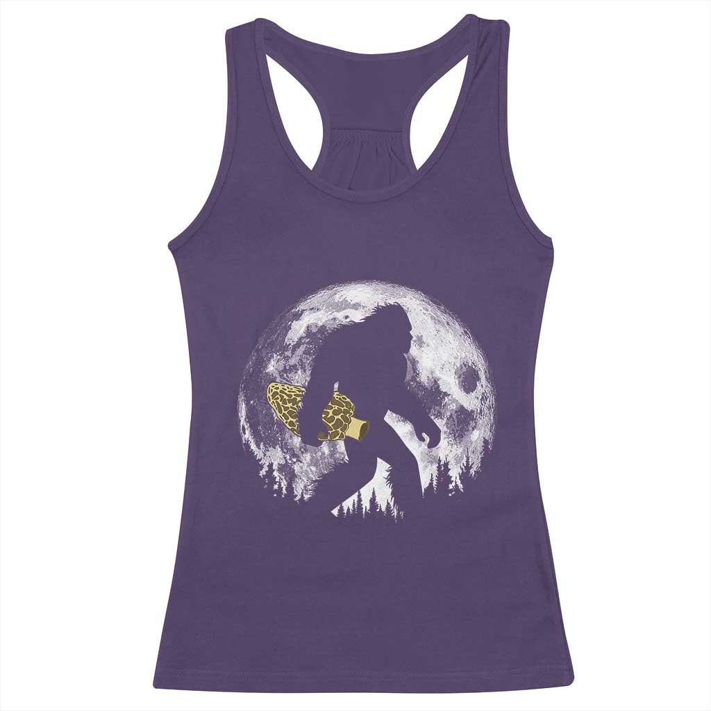 Bigfoot with Morel Mushroom Racerback Tank Top Sasquatch Fungi Full Moon Silhouette Graphic