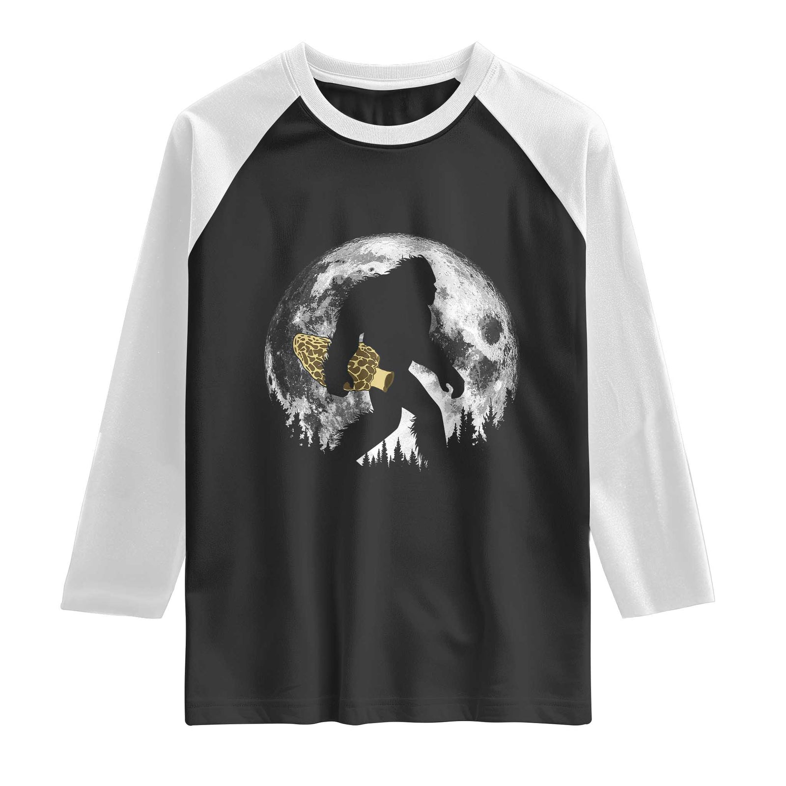 Bigfoot with Morel Mushroom Raglan Shirt Sasquatch Fungi Full Moon Silhouette Graphic TS10 Black White Print Your Wear