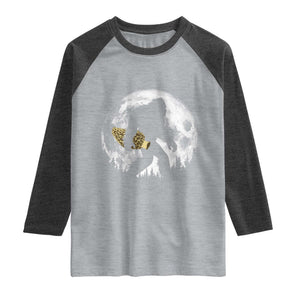 Bigfoot with Morel Mushroom Raglan Shirt Sasquatch Fungi Full Moon Silhouette Graphic