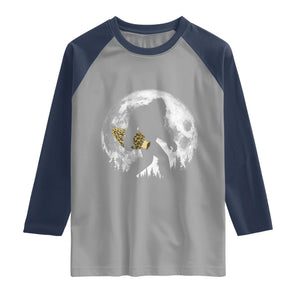 Bigfoot with Morel Mushroom Raglan Shirt Sasquatch Fungi Full Moon Silhouette Graphic