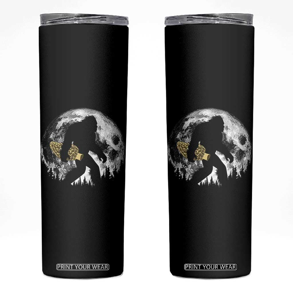 Bigfoot with Morel Mushroom Skinny Tumbler Sasquatch Fungi Full Moon Silhouette Graphic