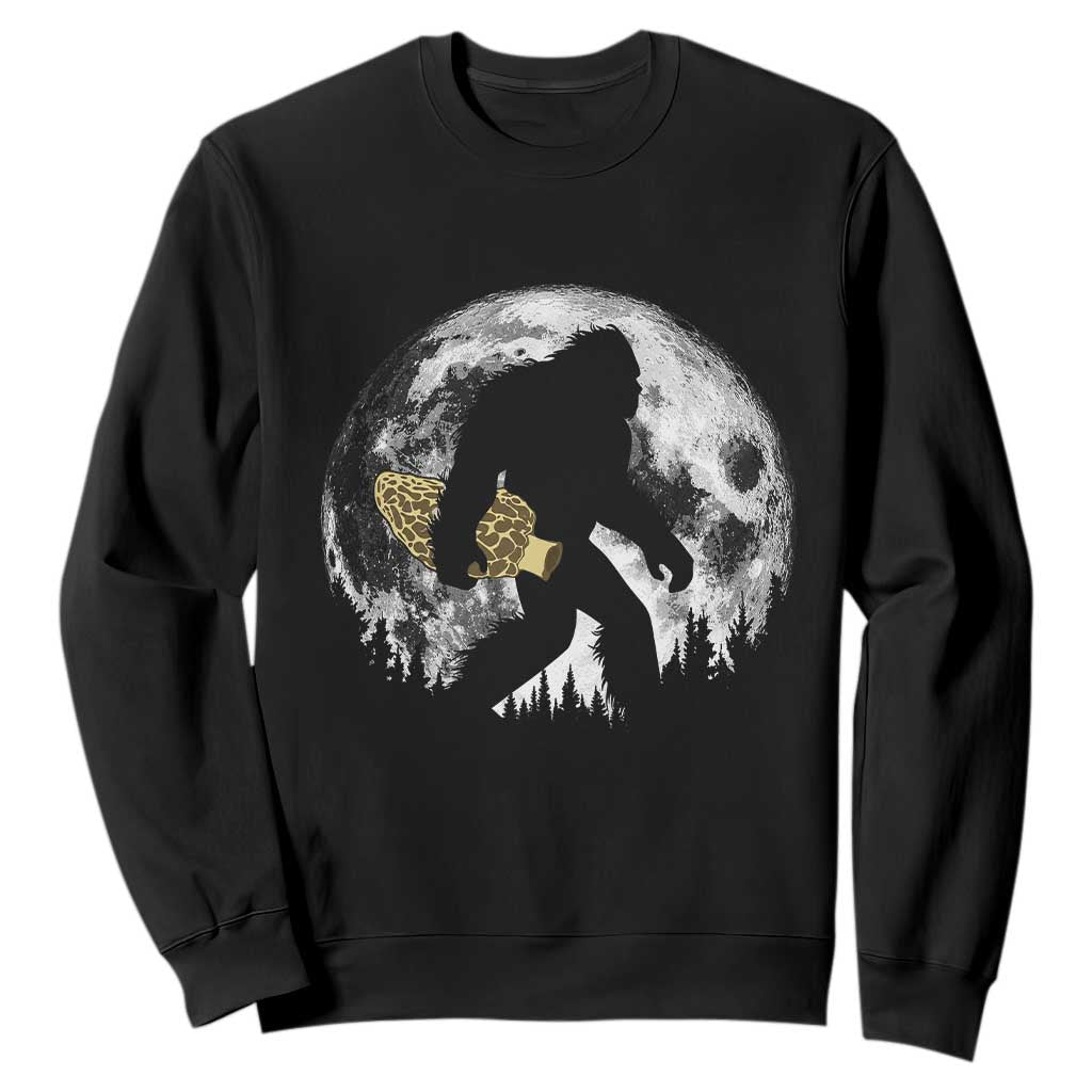 Bigfoot with Morel Mushroom Sweatshirt Sasquatch Fungi Full Moon Silhouette Graphic