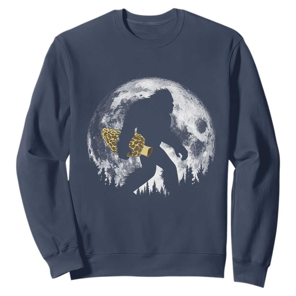 Bigfoot with Morel Mushroom Sweatshirt Sasquatch Fungi Full Moon Silhouette Graphic