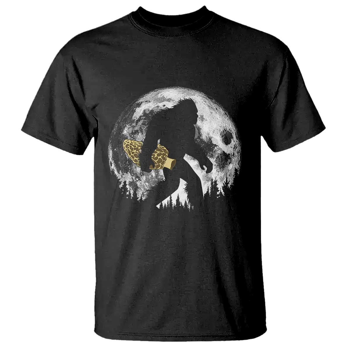 Bigfoot with Morel Mushroom T Shirt Sasquatch Fungi Full Moon Silhouette Graphic TS10 Black Print Your Wear