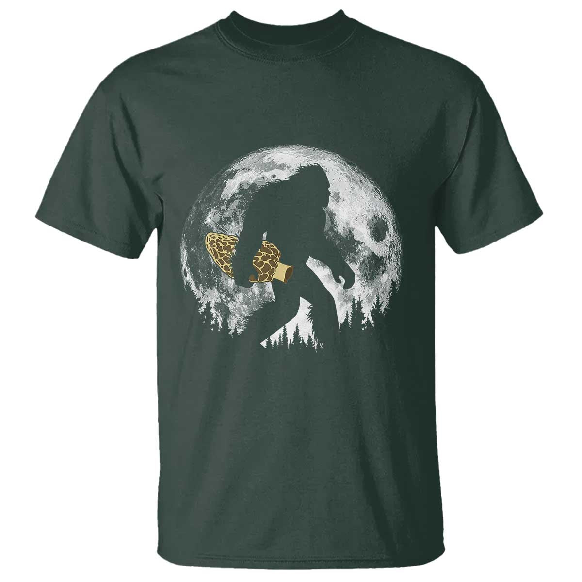 Bigfoot with Morel Mushroom T Shirt Sasquatch Fungi Full Moon Silhouette Graphic