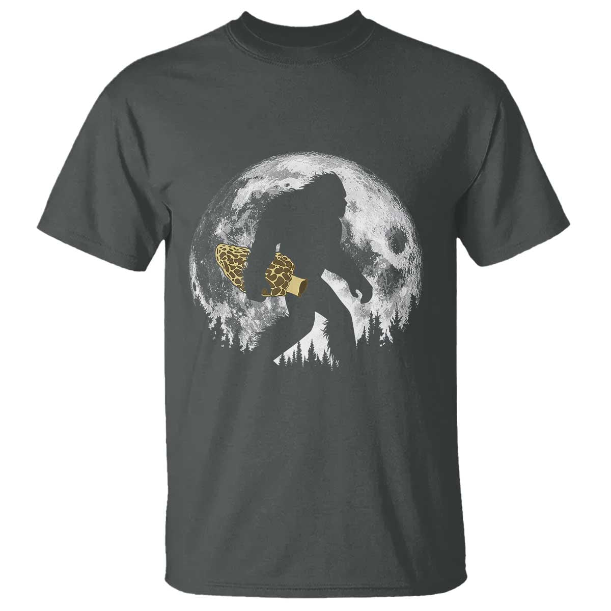 Bigfoot with Morel Mushroom T Shirt Sasquatch Fungi Full Moon Silhouette Graphic