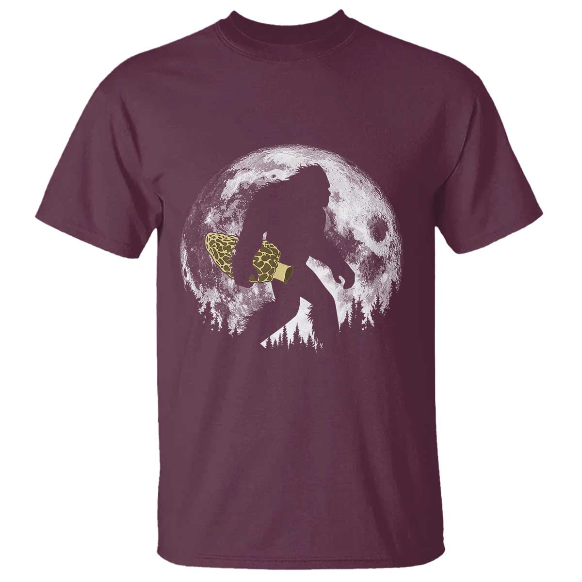Bigfoot with Morel Mushroom T Shirt Sasquatch Fungi Full Moon Silhouette Graphic