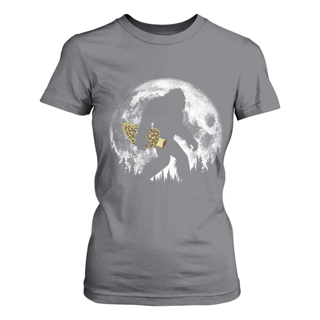 Bigfoot with Morel Mushroom T Shirt For Women Sasquatch Fungi Full Moon Silhouette Graphic
