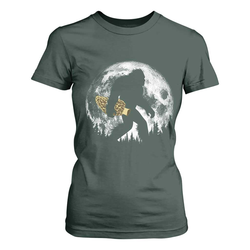 Bigfoot with Morel Mushroom T Shirt For Women Sasquatch Fungi Full Moon Silhouette Graphic