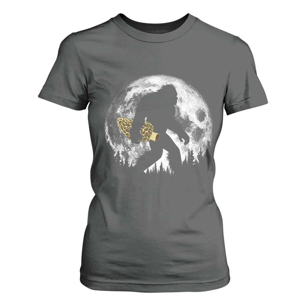 Bigfoot with Morel Mushroom T Shirt For Women Sasquatch Fungi Full Moon Silhouette Graphic