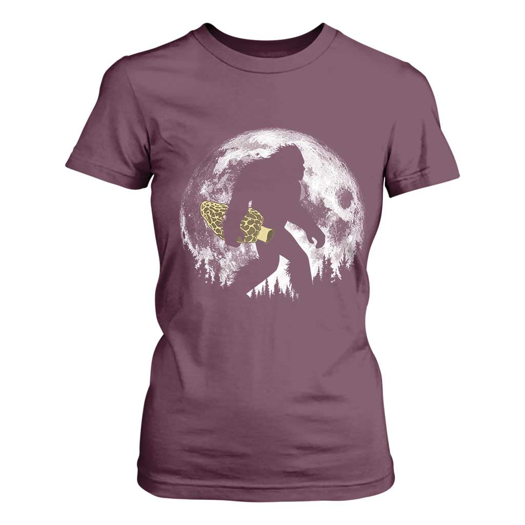 Bigfoot with Morel Mushroom T Shirt For Women Sasquatch Fungi Full Moon Silhouette Graphic