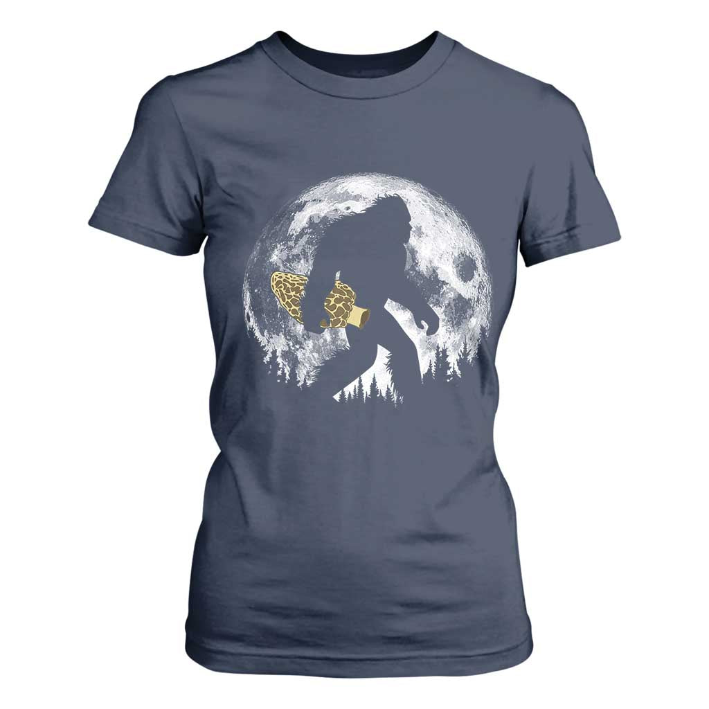 Bigfoot with Morel Mushroom T Shirt For Women Sasquatch Fungi Full Moon Silhouette Graphic