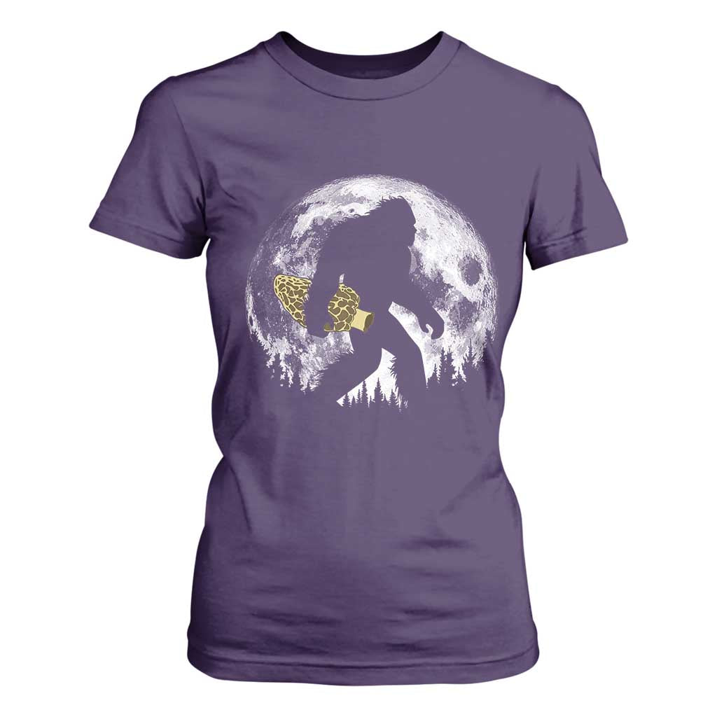 Bigfoot with Morel Mushroom T Shirt For Women Sasquatch Fungi Full Moon Silhouette Graphic