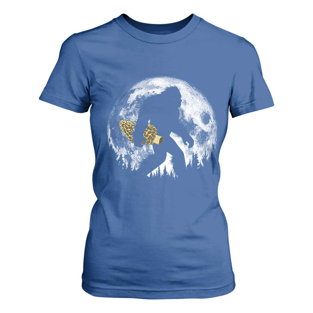 Bigfoot with Morel Mushroom T Shirt For Women Sasquatch Fungi Full Moon Silhouette Graphic