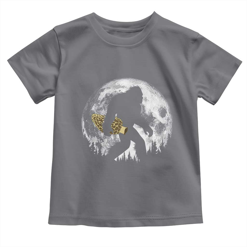 Bigfoot with Morel Mushroom Toddler T Shirt Sasquatch Fungi Full Moon Silhouette Graphic