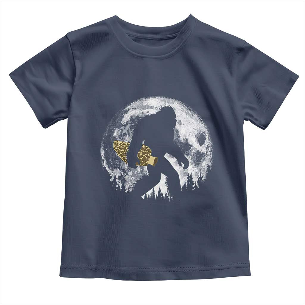 Bigfoot with Morel Mushroom Toddler T Shirt Sasquatch Fungi Full Moon Silhouette Graphic