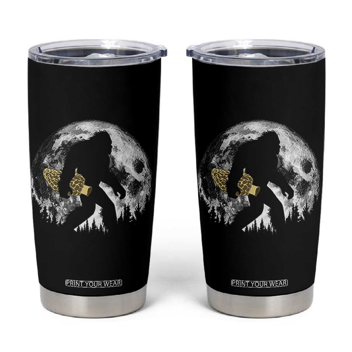 Bigfoot with Morel Mushroom Tumbler Cup Sasquatch Fungi Full Moon Silhouette Graphic TS10 Black Print Your Wear