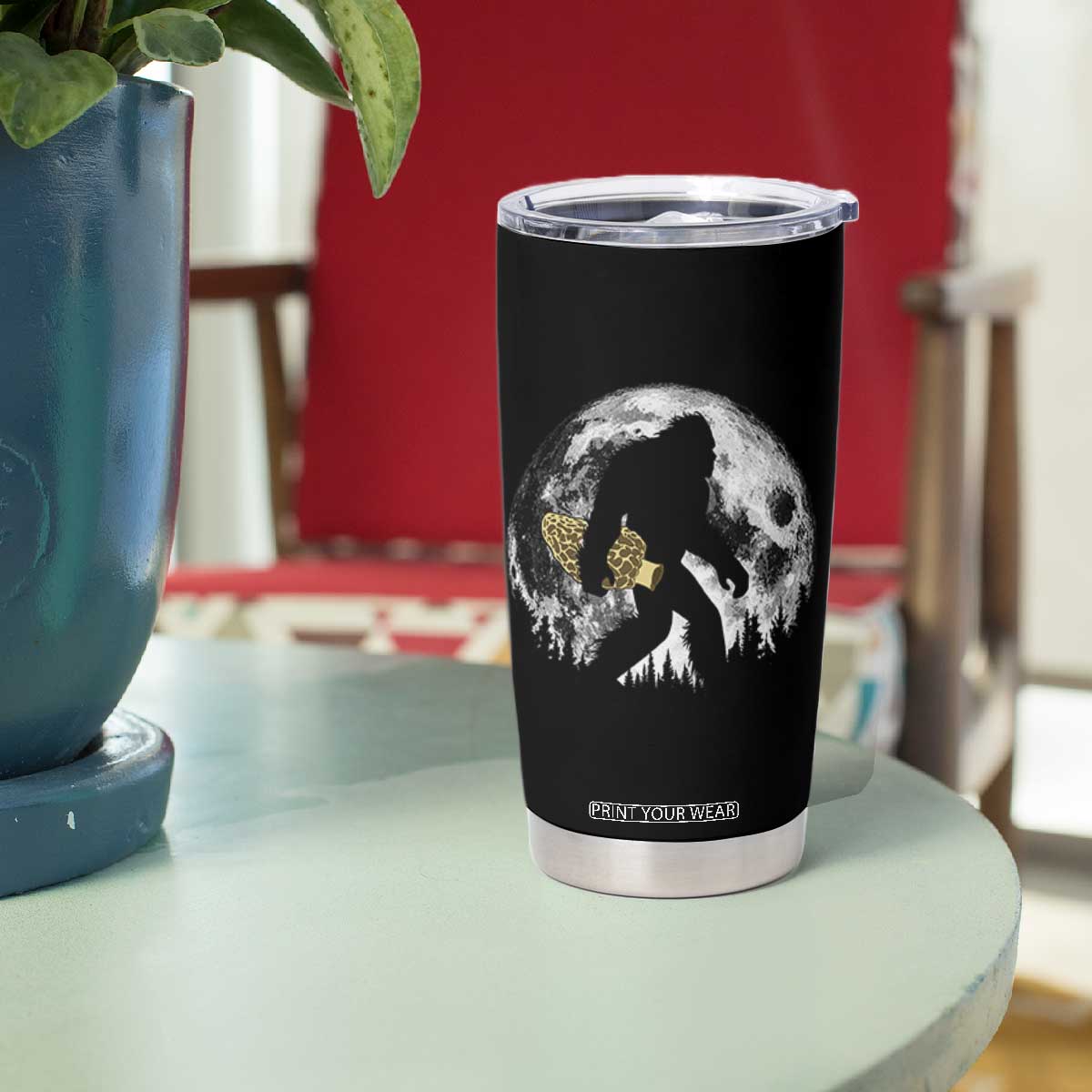 Bigfoot with Morel Mushroom Tumbler Cup Sasquatch Fungi Full Moon Silhouette Graphic