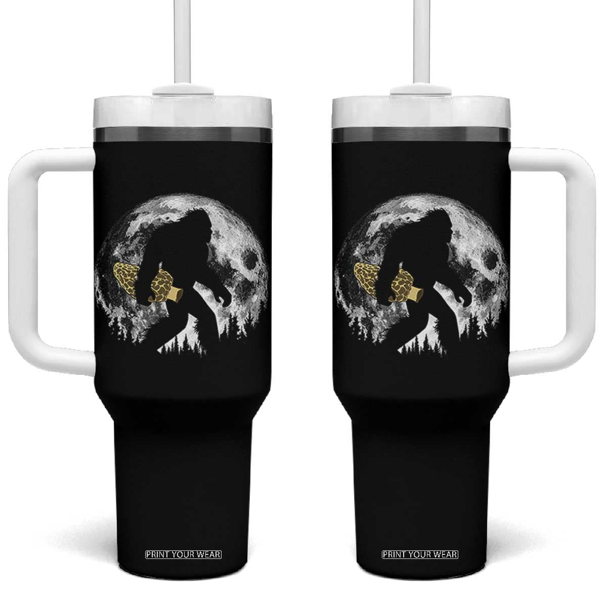 Bigfoot with Morel Mushroom Tumbler With Handle Sasquatch Fungi Full Moon Silhouette Graphic TS10 One Size: 40 oz Black Print Your Wear