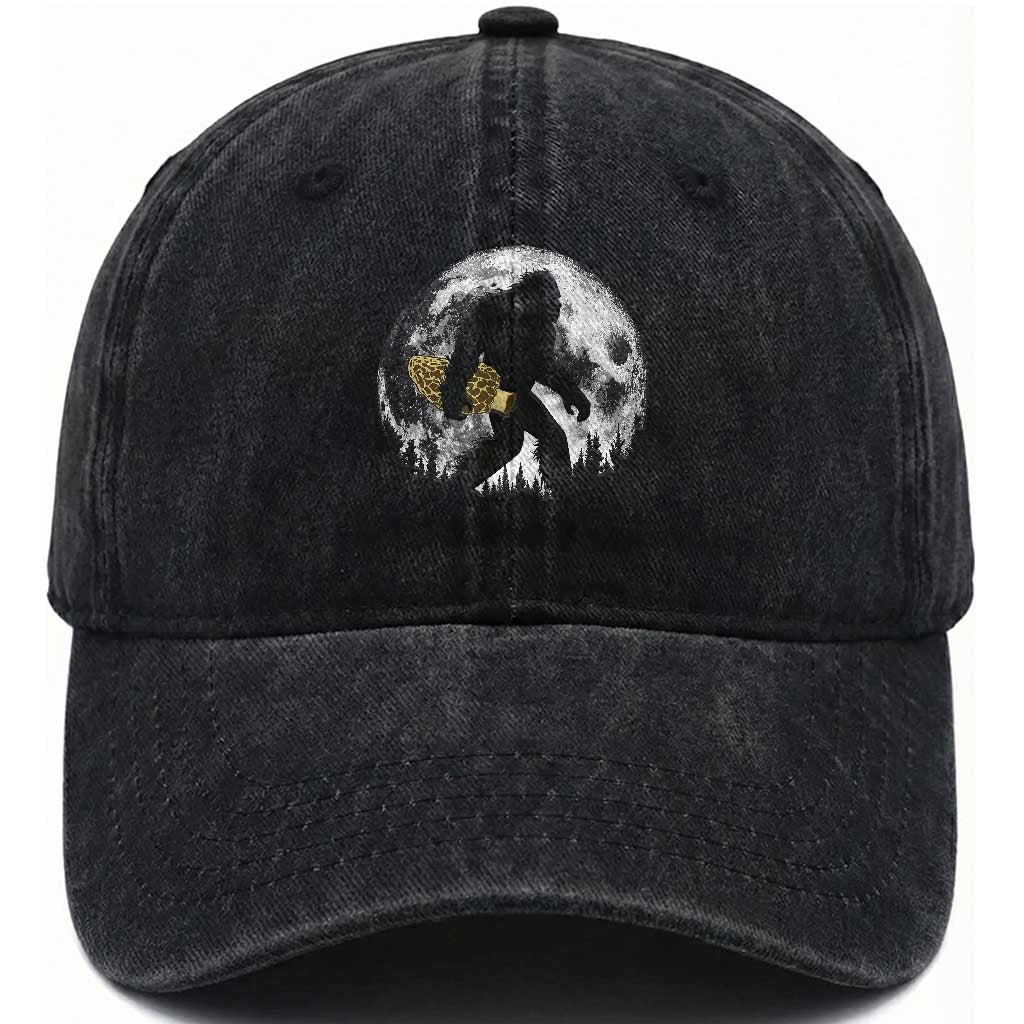 Bigfoot with Morel Mushroom Washed Cotton Baseball Cap Sasquatch Fungi Full Moon Silhouette Graphic TS10 Print Your Wear