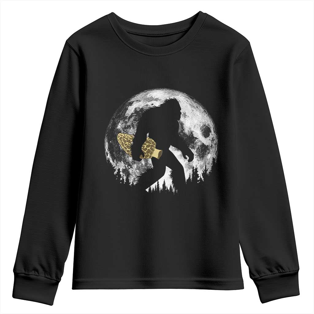 Bigfoot with Morel Mushroom Youth Sweatshirt Sasquatch Fungi Full Moon Silhouette Graphic