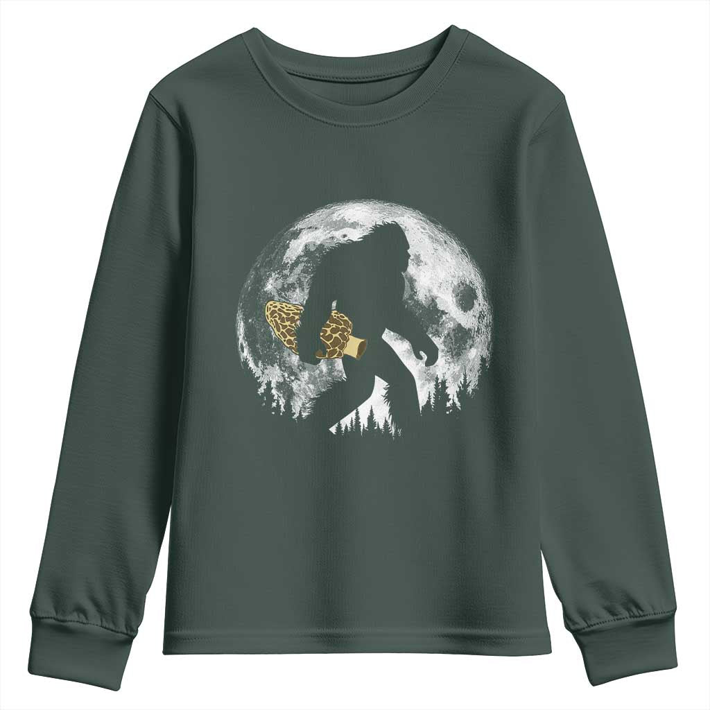 Bigfoot with Morel Mushroom Youth Sweatshirt Sasquatch Fungi Full Moon Silhouette Graphic