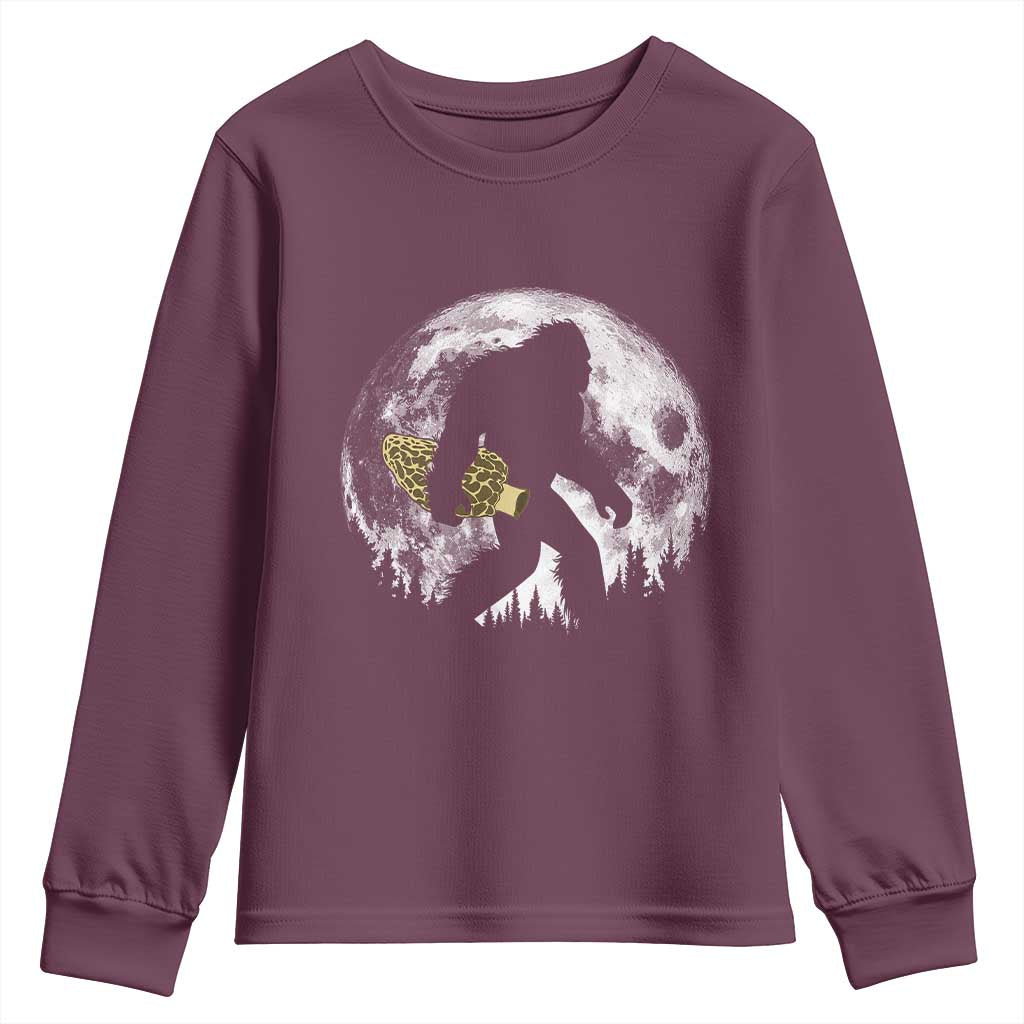 Bigfoot with Morel Mushroom Youth Sweatshirt Sasquatch Fungi Full Moon Silhouette Graphic