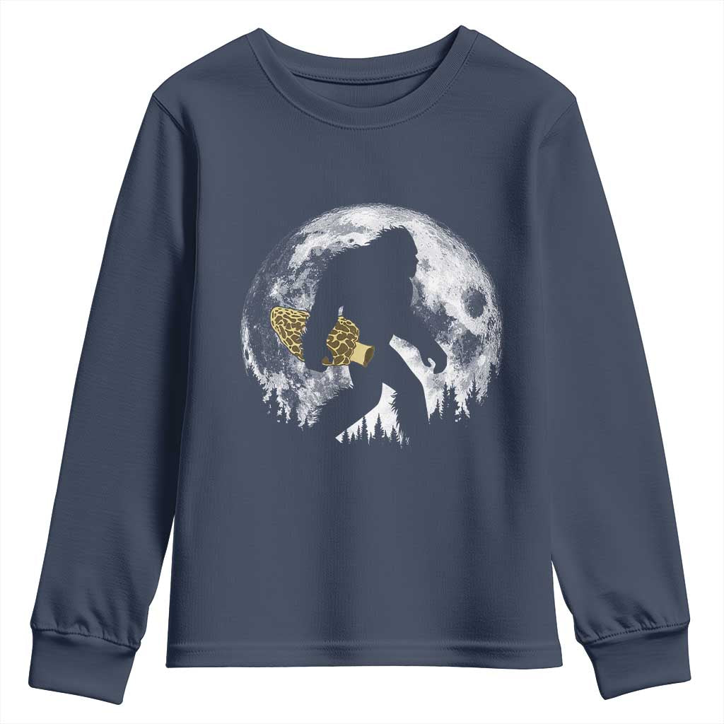 Bigfoot with Morel Mushroom Youth Sweatshirt Sasquatch Fungi Full Moon Silhouette Graphic