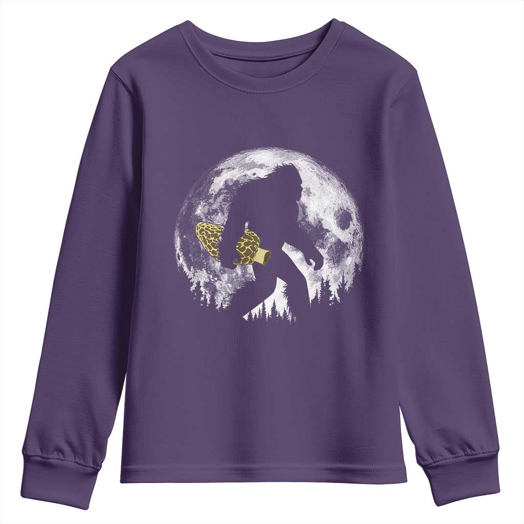 Bigfoot with Morel Mushroom Youth Sweatshirt Sasquatch Fungi Full Moon Silhouette Graphic