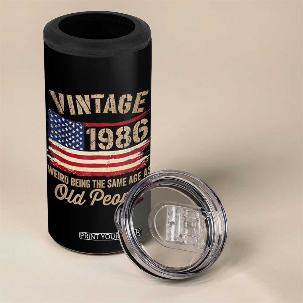 40th Birthday 4 in 1 Can Cooler Tumbler Vintage 1986 Weird Being the Same Age as Old People USA Flag