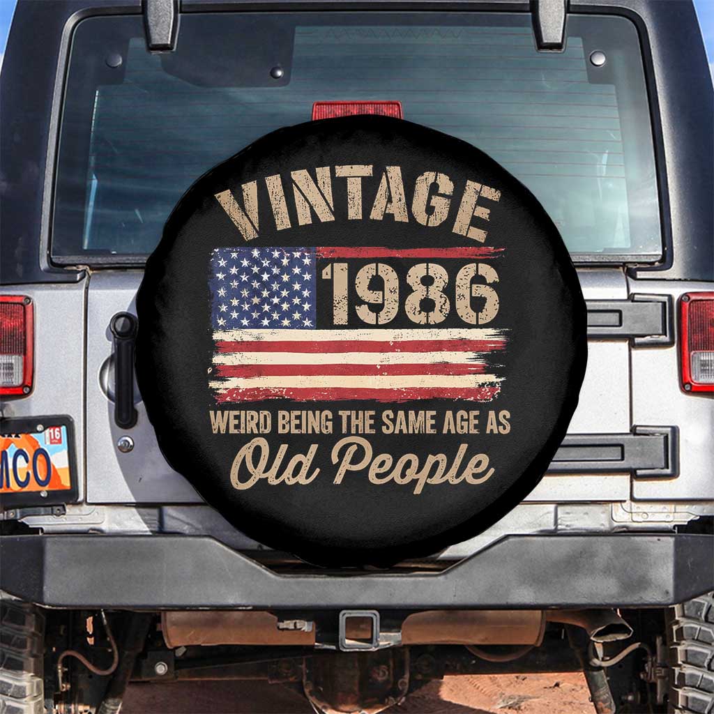 40th Birthday Spare Tire Cover Vintage 1986 Weird Being the Same Age as Old People USA Flag TS10 No hole Black Print Your Wear
