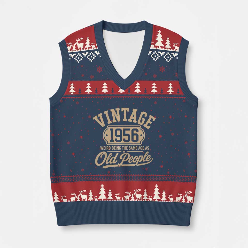 70th Birthday V-Neck Knit Sweater Vest Vintage 1956 70 Year Old Gift Weird Being the Same Age as Old People TS10 Navy Red Print Your Wear