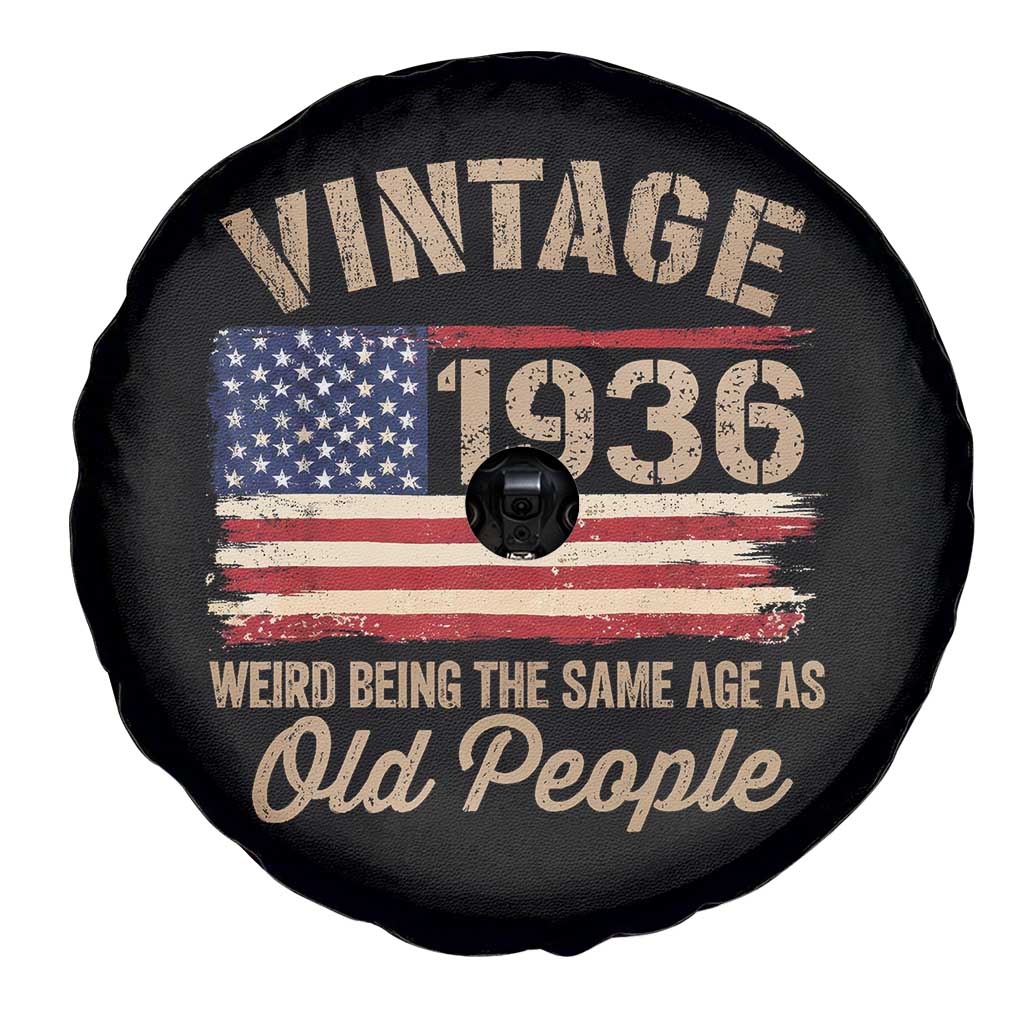 90th Birthday Spare Tire Cover Vintage 1936 Weird Being the Same Age as Old People USA Flag