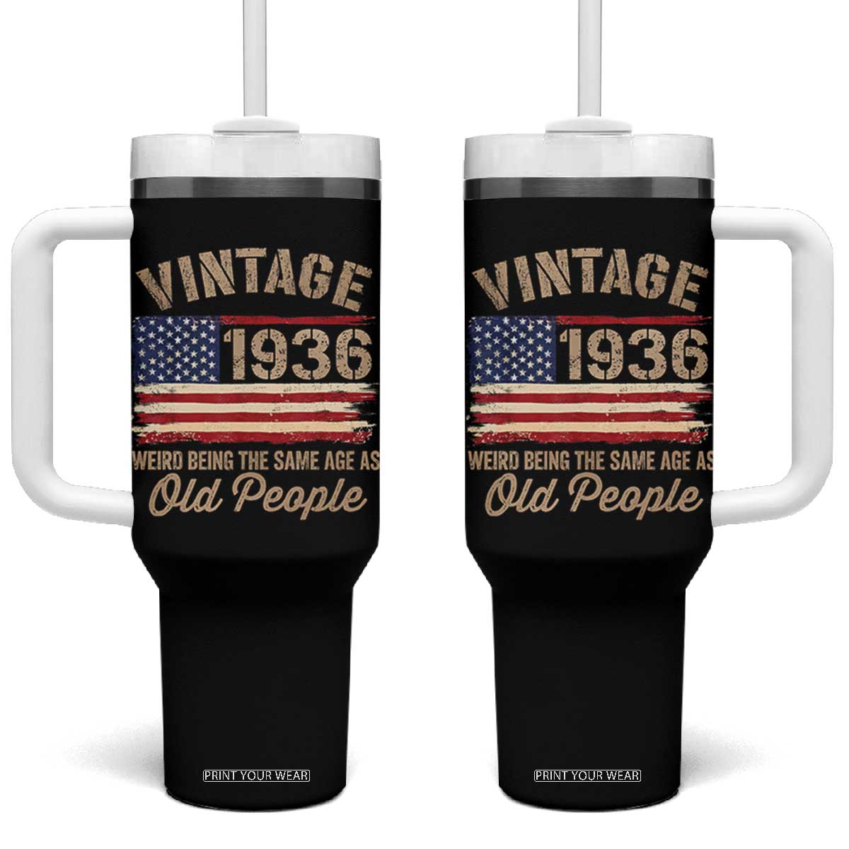 90th Birthday Tumbler With Handle Vintage 1936 Weird Being the Same Age as Old People USA Flag