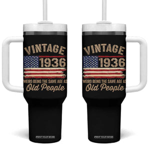 90th Birthday Tumbler With Handle Vintage 1936 Weird Being the Same Age as Old People USA Flag