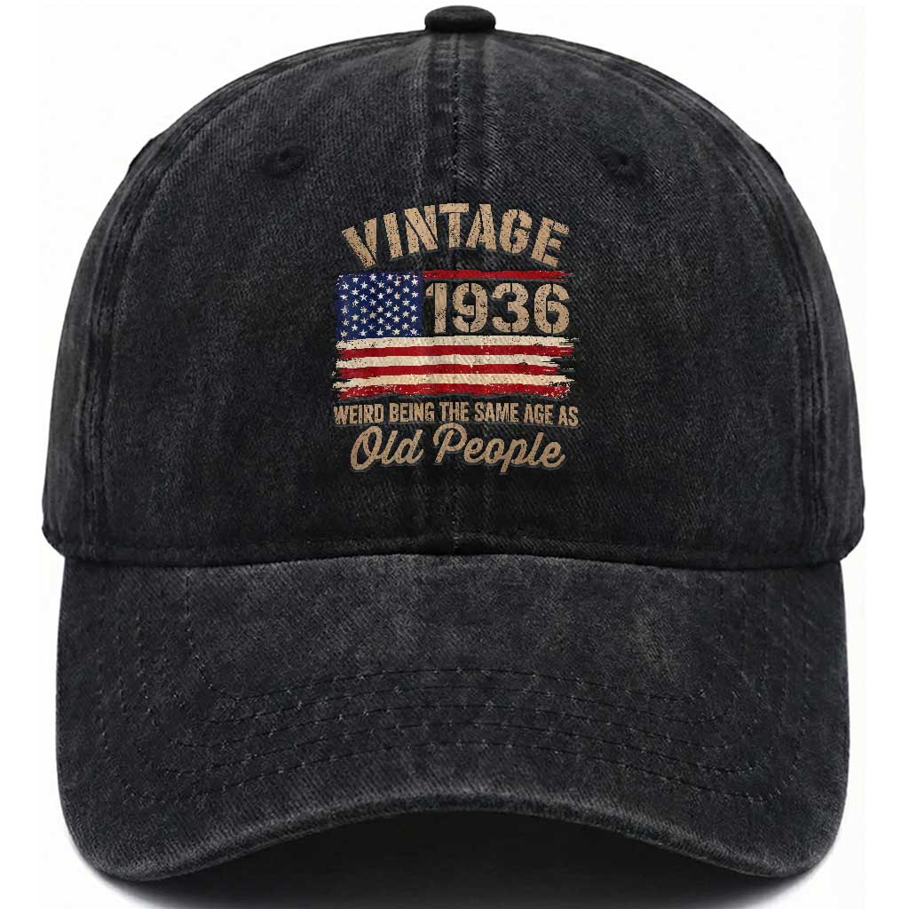 90th Birthday Washed Cotton Baseball Cap Vintage 1936 Weird Being the Same Age as Old People USA Flag TS10 Print Your Wear