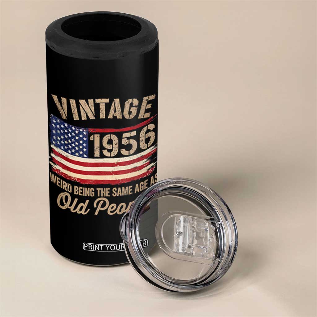 70th Birthday 4 in 1 Can Cooler Tumbler Vintage 1956 Weird Being the Same Age as Old People USA Flag